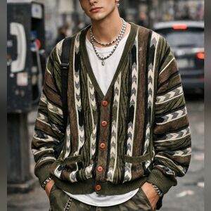 Vintage Christian Dumas Cardigan Size XL Textured Knit Sweater Olive Green